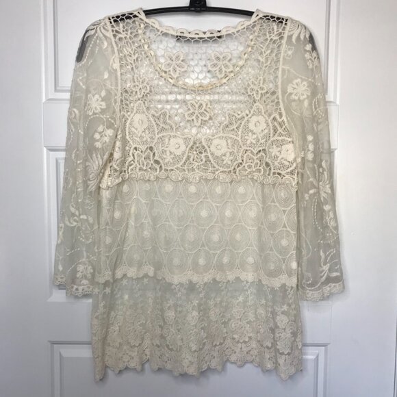 Zara Basic‎ Sheer Lace Crochet Top Women's M Boho 3/4 Sleeves Lightweight Cream - Picture 3 of 6